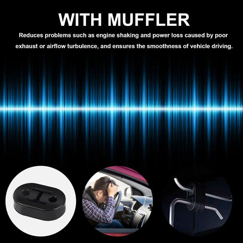 304 Stainless Steel Exhaust Hanger 3 Inch 2 Pack Muffler Support with image of muffler, person in car, and metal hooks.