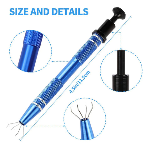 Close-up of Six Pack Jewelry Pick Up Tool Set With Four Claw Sprinkle Pen Grabbers Stainless Steel, 4.5 inch details.