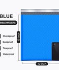 Blue Large Bubble Mailers 12x16 Inch 25 Pack Usable 12x15 Inch Self Seal Padded Envelopes showing shockproof and waterproof features