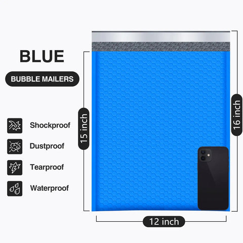 Blue Large Bubble Mailers 12x16 Inch 25 Pack Usable 12x15 Inch Self Seal Padded Envelopes showing shockproof and waterproof features