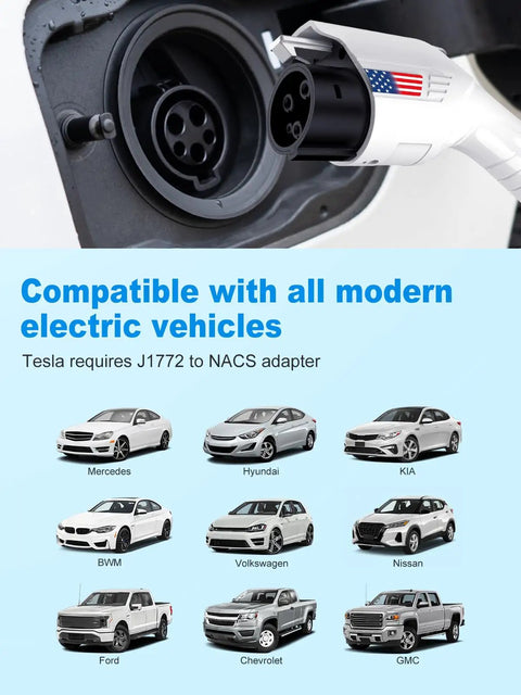 Level 1 and 2 EV Charger With 25ft Cable, Grab And Go Portable J1772 Charger for 120V to 240V shown connected to vehicle, American flag design.