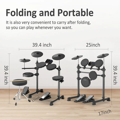 Electric Drum Set for Beginners With 150 Sounds and Quiet Pads 2 Pedals Ready To Jam Portable Foldable setup dimensions