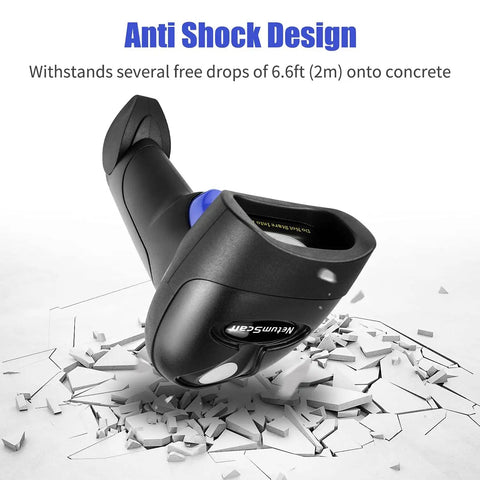USB 1D Barcode Scanner Handheld Wired CCD Reader with anti-shock design, shown surviving a 6.6ft drop onto concrete.