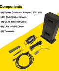 Components of Eye Mini Lite Indoor Golf Launch Monitor And Simulator with cables and accessories on yellow background.