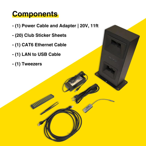 Components of Eye Mini Lite Indoor Golf Launch Monitor And Simulator with cables and accessories on yellow background.