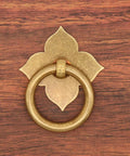 Set Of 4 Vintage Antique Bronze Ring Pulls in Pure Solid Brass Four Leaf Clover Base Retro Cabinet Hardware Mounted on Wood Surface