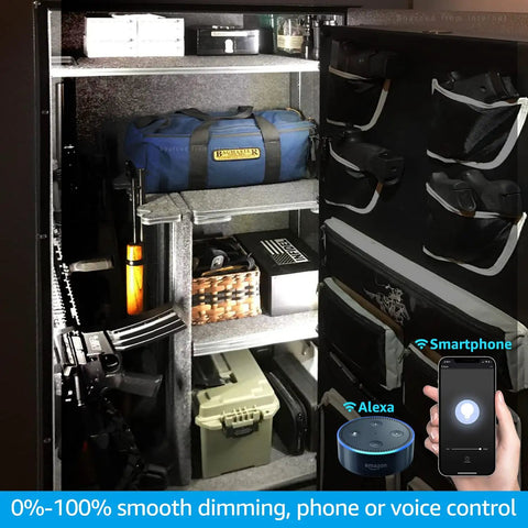 Smart LED Under Cabinet Lighting Kit With Alexa Voice And App Control Six 12 Inch Dimmable Linkable Light Bars 900 Lumen Output 5000K Daylight illuminating a storage cabinet
