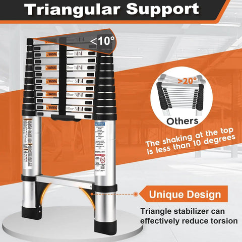 Telescoping Ladder 12.5 Ft Aluminum Lightweight Extension With Two Triangle Stabilizers in indoor setting