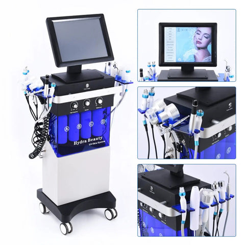 All In One Hydrogen Oxygen Facial Skin Care Machine With 10.4 Inch Touch Screen For Home And Office Use, 14 In One Multi Function Spa Device For Rejuvenation Hydration Pore Cleansing Anti Aging And Skin Brightening At Home Spa Quality, showing various functional handles and touchscreen interface.