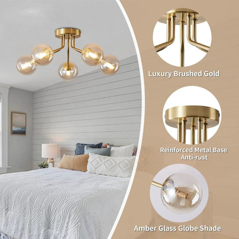 Gold Five Light Sputnik Style Ceiling Light Semi Flush Mount With Glass Globe Pendant Lamps in bedroom setting