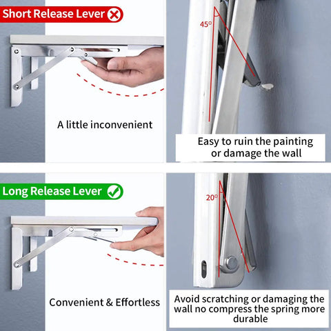 Heavy Duty Folding Shelf Brackets 16 Inch Stainless Steel Supports Collapsible Shelf Bracket For Table And Work Bench 330 Lb Max Load Space Saving DIY Bracket Pack Of 2 mechanism comparison