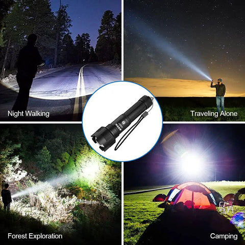 Rechargeable 8000 Lumen LED Flashlight With Zoomable Beam IPX4 Water Resistant Handheld Tactical Light in use outdoors