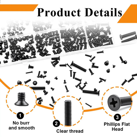 Killer 888 Piece Tiny Micro Laptop Screw Kit Featuring Countersunk Flat Head Phillips Mini Repair Screws Set In Black Carbon Steel details with various screws in labeled tray.