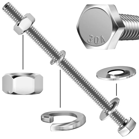 Assorted Quarter Inch By Twenty Hex Head Bolts With Nuts And Washers Set Fully Threaded Four Inch Length 304 Stainless Steel 18 8 Includes Flat And Lock Washers Grab This Solid Pick For Home Projects Furniture Fixes And Light Industrial Jobs