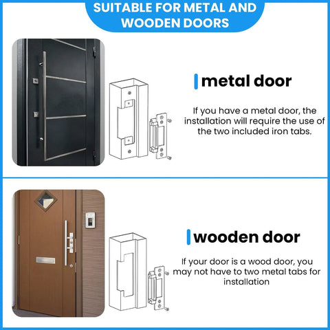Built Tough Heavy Duty Electric Door Strike Lock installation guide for metal and wooden doors with detailed illustrations.