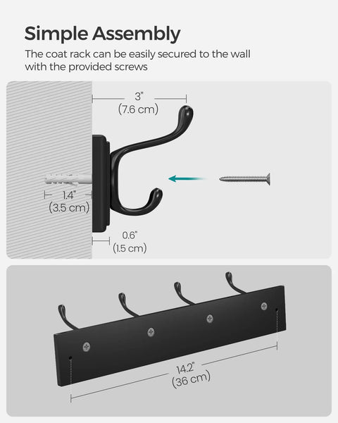 Installation guide for black finish wall mounted coat rack with dual metal hooks and screws included for entryway or living room.