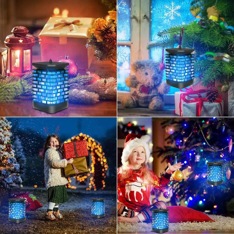 Cool Blue Dancing Flame Solar Lantern Lights Outdoor Waterproof 99LED hanging lantern with holiday decor backdrop
