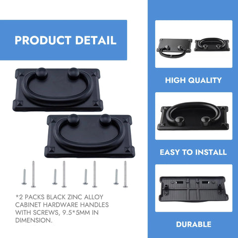 Two Pack Black Vintage Ring Pull Handles with Screws, Heavy Duty Zinc Alloy Cabinet Hardware, flat back design for dressers and cabinets.