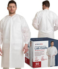 Unisex Disposable Lab Coats White Knee Length With 3 Pockets Size Large Pack Of 50 For Hospitals Clinics Labs Pharmacies And Home Use