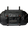 Waterproof Bike Handlebar Bag Rolltop 9L Front Frame Storage With Secure Elastic Straps shown in black with durable design.