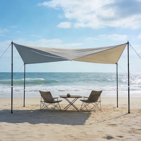 Adjustable Tarp Poles For Camping Set Of 2 Telescoping Tent Poles extend tarp canopy on beach with chairs and table under shade