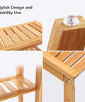 Bamboo Shower Bench With Underneath Storage Shelf for Indoor or Outdoor Use, showcasing smooth corners and non-slip pads.