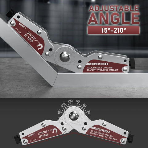 YesWelder adjustable angle welding magnet, 15-210° range, 66 lb/30 kg holding power, front view.