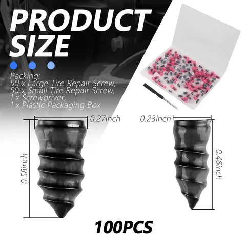 100 Piece Tire Plug Kit With Screwdriver For Quick Flat Tire Repair, upgraded thickened adhesive covered screws shown