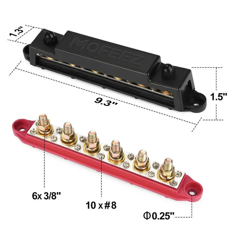 Power Distribution Block Bus Bar Kit With 6 3 By 8 Inch Posts And 10 No. 8 Terminal Screws, 48V DC 250A Beefy Continuous Rating, Red And Black Pair For Automotive Marine And DIY Power Wiring Projects