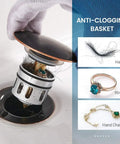 Vessel Sink Drain With Pop Up Stopper And Detachable Basket Strainer No Fuss Anti Clog Drain Assembly with cloggable items visible