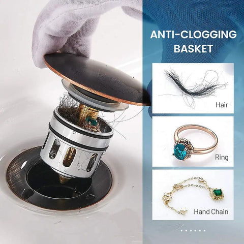 Vessel Sink Drain With Pop Up Stopper And Detachable Basket Strainer No Fuss Anti Clog Drain Assembly with cloggable items visible