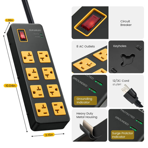 Heavy Duty Eight Outlet Power Strip With Twenty Amp Surge Protection And Six Foot Twelve Gauge Extension Cord For Workshop Garage And Kitchen Use 1960J Safety Shield; black and yellow with circuit breaker and metal housing.