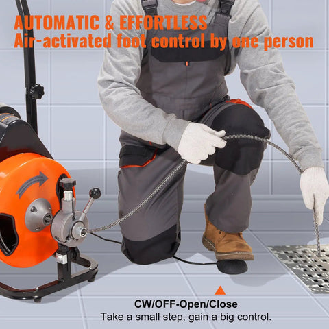 Tough As Nails Electric Drain Cleaner Automatic Feed drives steel core cable for easy clog removal with foot control.