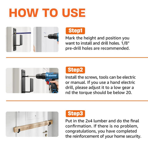 How to use Tough As Nails Door Barricade Brackets Heavy Duty 4 Pack Black Carbon Steel installation steps with tools.