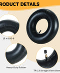 Two Pack 15x6.00-6 Inner Tubes With TR-13 Valve Stem details showing rubber material and valve