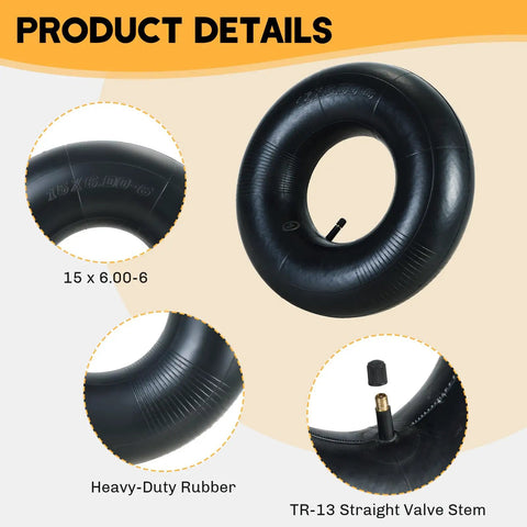Two Pack 15x6.00-6 Inner Tubes With TR-13 Valve Stem details showing rubber material and valve