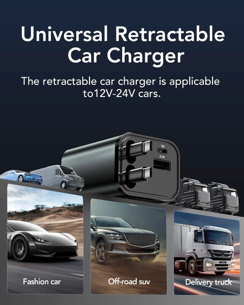 Retractable Car Charger Featuring Hella Convenient 36W Retracted Cable Plus Extra USB C And USB A Ports For Up To 75W Fast Charging Keeps Your Devices Running Smooth with multiple car types.