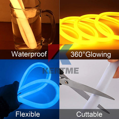 Collage of Lit 360 Degree Neon LED Light Strip 32.8ft waterproof features: glowing, cuttable, flexible in various colors