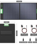 100W Portable Foldable Solar Panel For Power Stations And Generators Ideal For Outdoor Camping Van Life And RV Trips High Efficiency Solar Charger With 20V Output And Support For Multiple DC Adapters, showing dimensions and included cables.