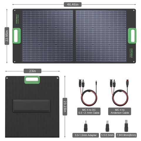 100W Portable Foldable Solar Panel For Power Stations And Generators Ideal For Outdoor Camping Van Life And RV Trips High Efficiency Solar Charger With 20V Output And Support For Multiple DC Adapters, showing dimensions and included cables.