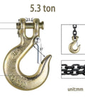 Built Like A Tank Clevis Hooks With Secure Safety Latch, 4 Ton Load Rating 4 Pack Heavy Duty Carbon Steel rigging hardware close-up.