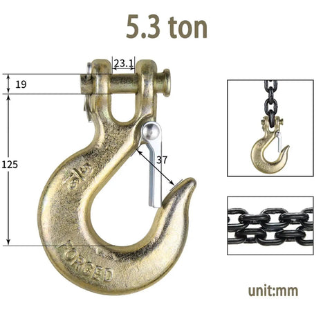 Built Like A Tank Clevis Hooks With Secure Safety Latch, 4 Ton Load Rating 4 Pack Heavy Duty Carbon Steel rigging hardware close-up.