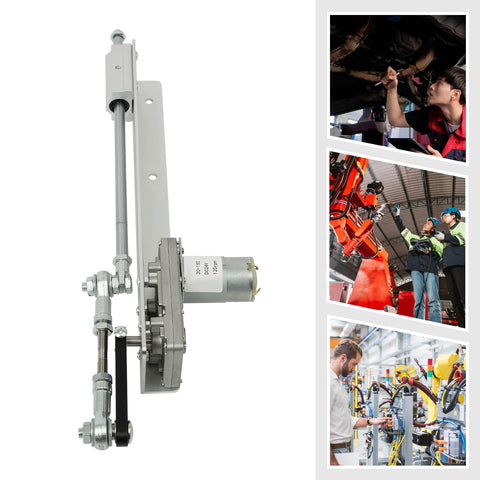 DC 24V Beefy Reciprocating Cycle Linear Motor With Telescopic Actuator, 20-120 RPM, shown in industrial and shop settings