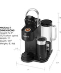 Smart WiFi Single Serve Coffee Maker For Home Baristas That Delivers Coffee Lattes And Cappuccinos With Built In Frother BrewID Pod Recognition And Six Brew Sizes Black, shown with dimensions and milk frother.