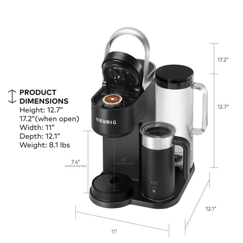 Smart WiFi Single Serve Coffee Maker For Home Baristas That Delivers Coffee Lattes And Cappuccinos With Built In Frother BrewID Pod Recognition And Six Brew Sizes Black, shown with dimensions and milk frother.