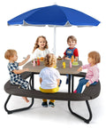 Children sitting at Outdoor Kids Picnic Table Set For 8 With Four Built In Benches, Removable Umbrella, Metal Frame And HDPE Top