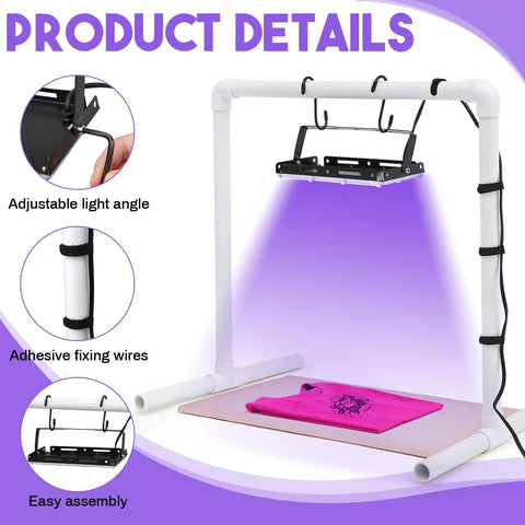 50W LED UV Screen Printing Exposure Light Kit with PVC Lamp Stand showcasing adjustable angle and easy assembly features