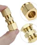 Brass compression tube fitting union; side view with hex nuts and threaded ends for 1/8–1/2 in OD tubing