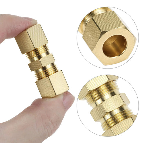 Brass compression tube fitting union; side view with hex nuts and threaded ends for 1/8–1/2 in OD tubing