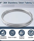 Front view of a 50 ft coil of 1/4-inch 304 stainless steel tubing, silver metal, for fuel lines and wort cooling